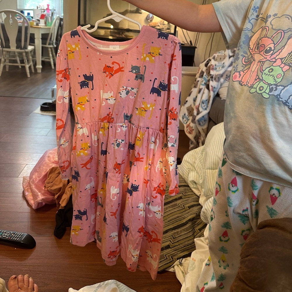 Pink Cat Print Long Sleeve Dress